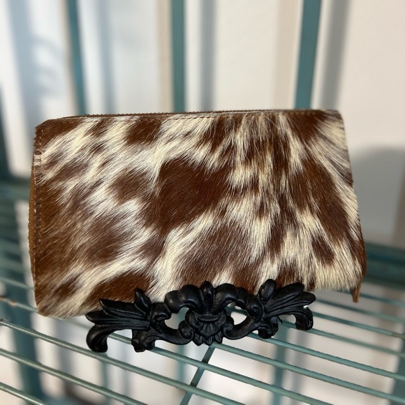 New Fall Brown White Tan Genuine Leather Cowhide Flap Handmade womens Wallet - Picture 6 of 6
